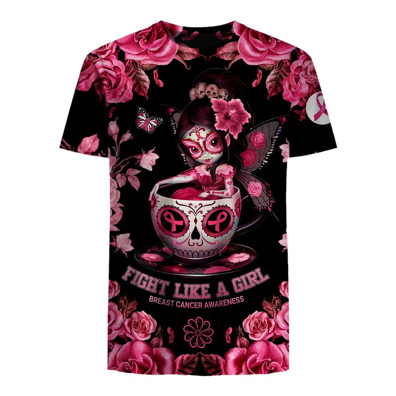 Flower Sugar Skull Fairy Fight Like A Girl – Breast Cancer Awareness 3D All Over Print